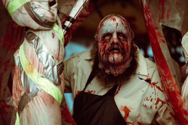 Bloodied, masked figure in a horror-themed setting.