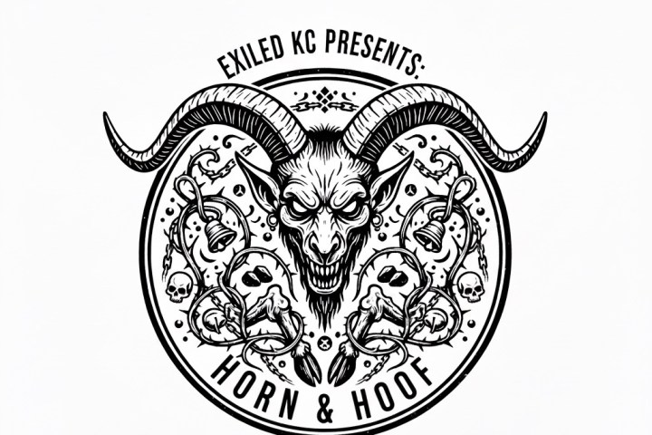 Grinning goat skull with horns in circle frame with skulls, flowers, text: Exiled KC Presents: Horn & Hoof.