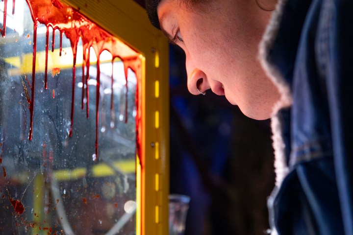 Person wearing beanie looks intently at a glass box with red liquid drips.