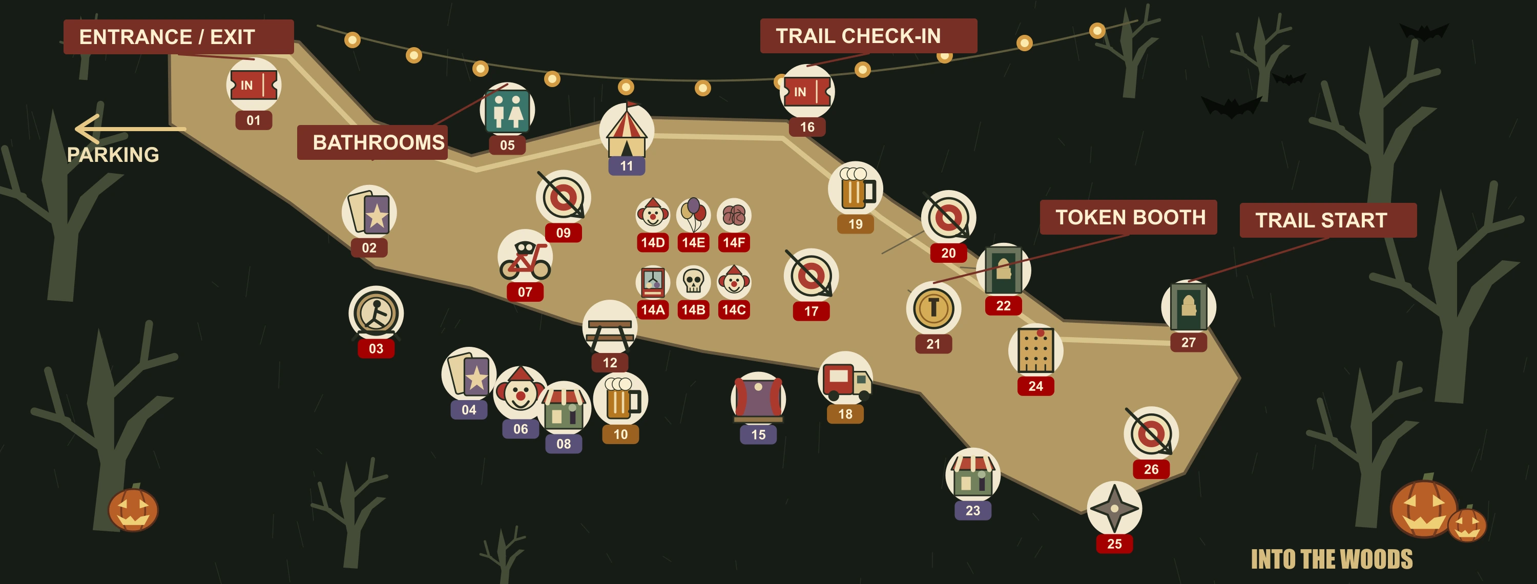 Illustrated Carnival map: entrance and parking to the left, games and shops along the concourse, Trail Start to the right